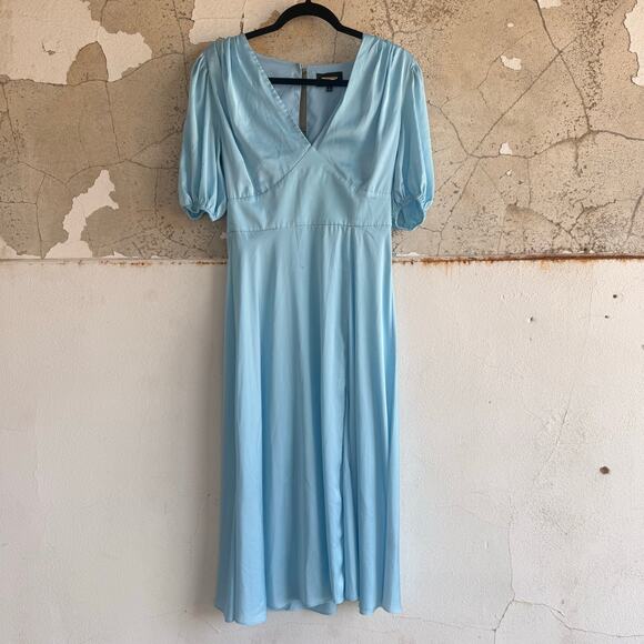 Alexia Admor Nola Dress Puff Sleeve Satin Midi Light Blue Wedding Guest Cocktail - Picture 1 of 10